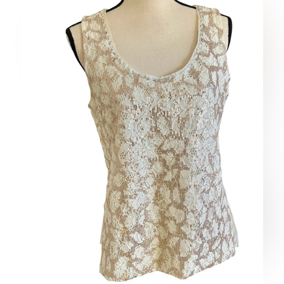 Anthropologie Top Meadow Rue Glimmer Lace Pleat Back Sequin Sleeveless Tank Med - Picture 1 of 16